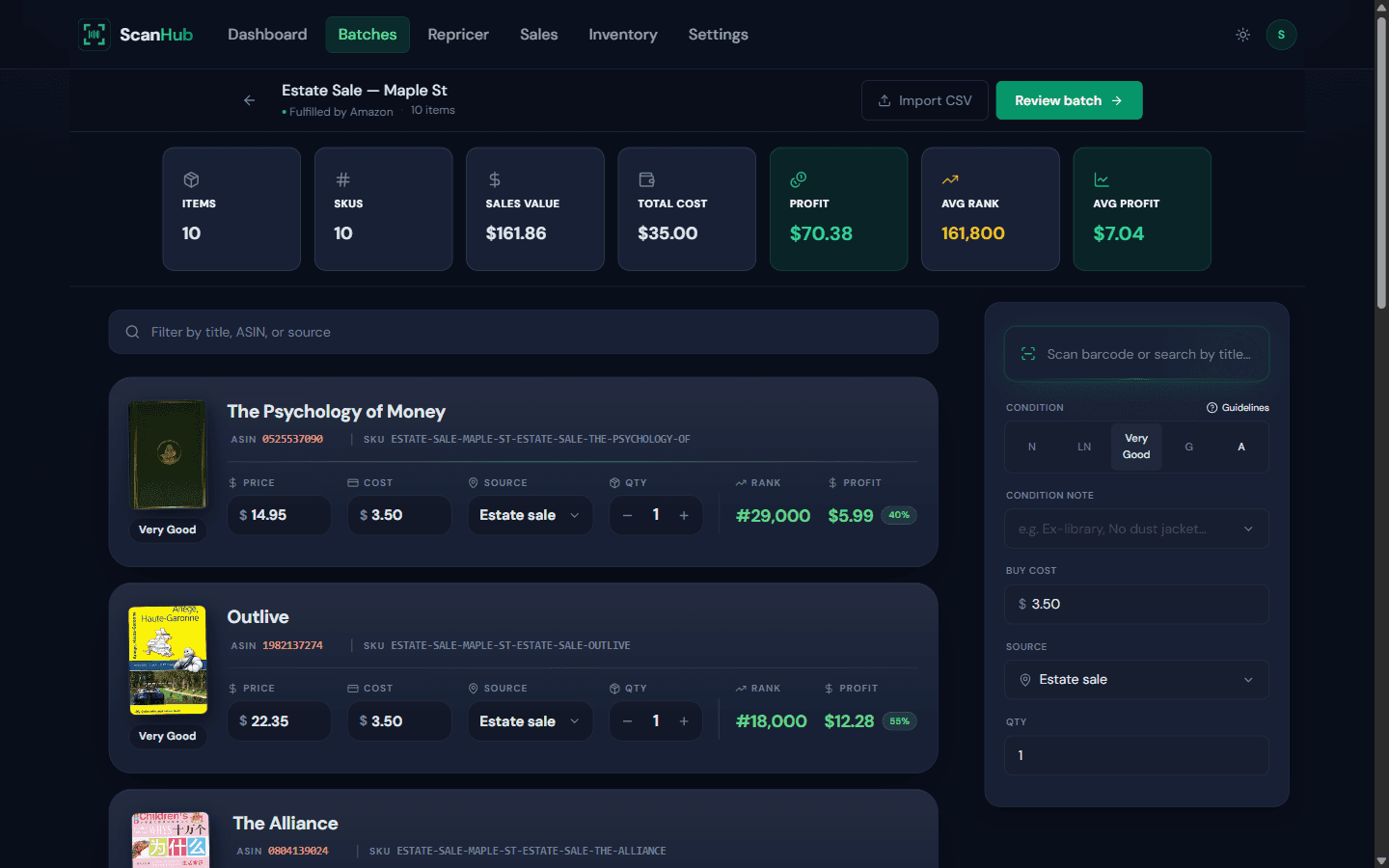 ScanHub scan view — item cards, live profit stats, and the scan panel